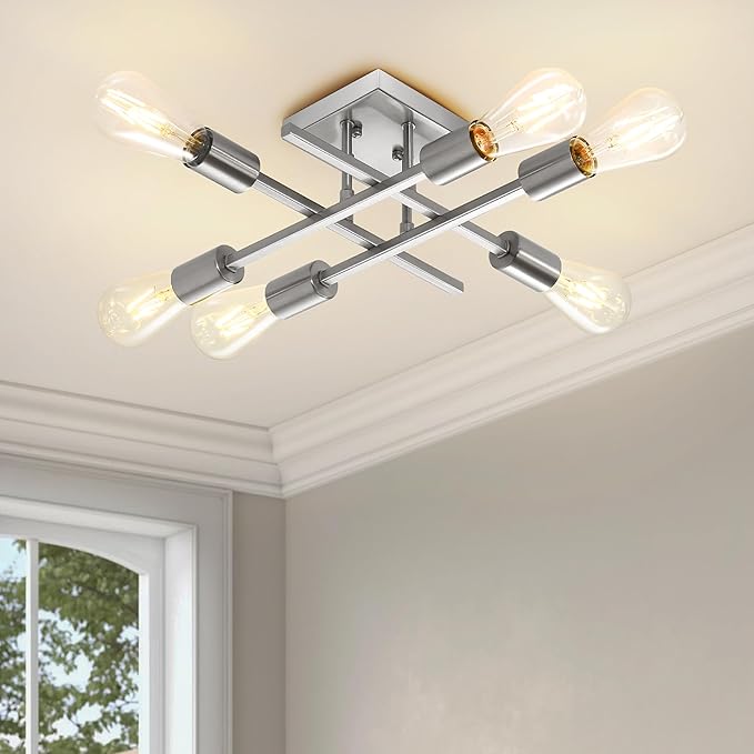6-Light Semi Flush Mount Ceiling Light Fixture, Modern Brushed Nickel Sputnik Chandelier Lighting, Farmhouse E26 Stock Ceiling Lamp Kitchen Bedroom Living Room Entryway, Bulbs Not Included