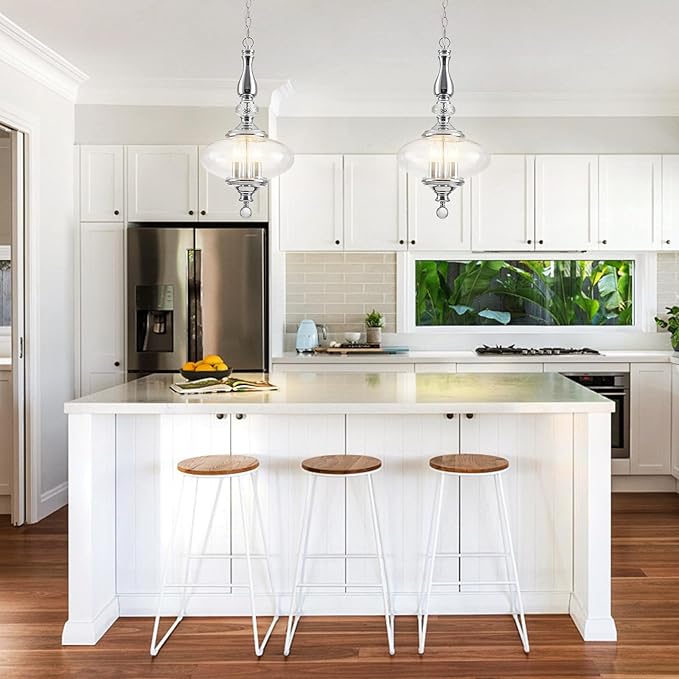 Polished Chrome Glass Pendant Light Modern Kitchen Island Pendant Light W 11.8 in. H 23.6 in.