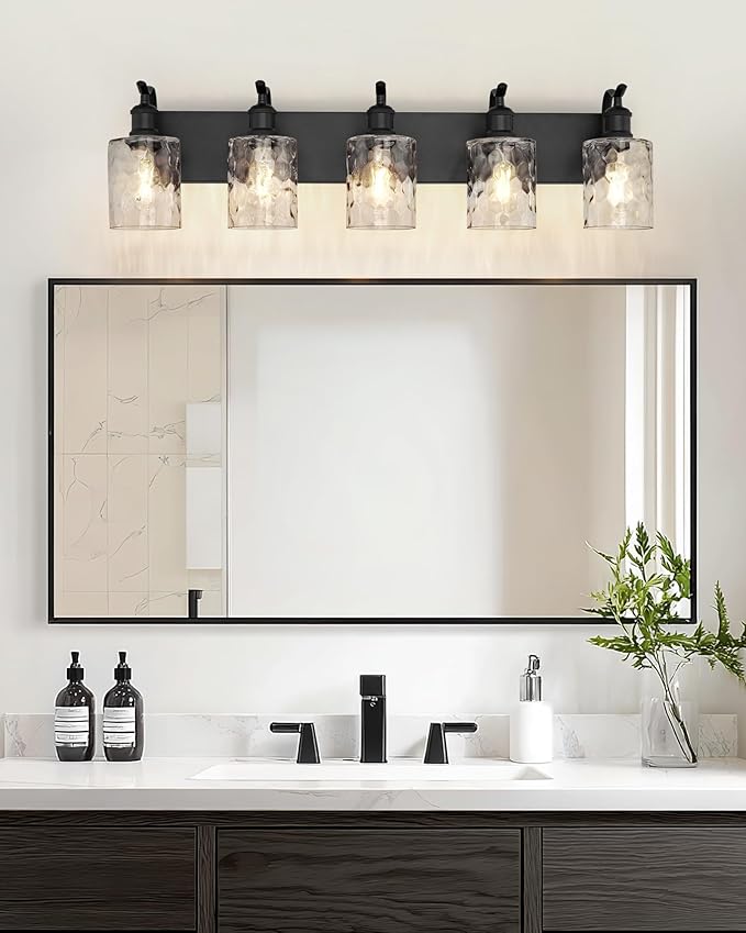 Bathroom Vanity Light Fixtures 5-Light Hammered Glass Modern Wall Mounted Over Mirror Black - VL01BKH-5
