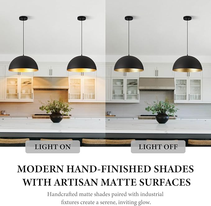Farmhouse Pendant Light Fixtures,12" Pendant Lights Kitchen Island, Black and Gold Industrial Hanging Ceiling Light for Kitchen Foyer Cafe Dining Room Sink,2 Pack