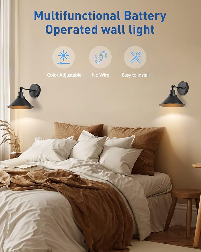 Bailoch Black Vintage Wireless Battery Operated Wall Sconces, Industrial Cordless Battery Powered Led Wall Lights Set of 2, Wall Lamp Fixture Indoor with Remote Control for Bedroom Farmhouse Gallery