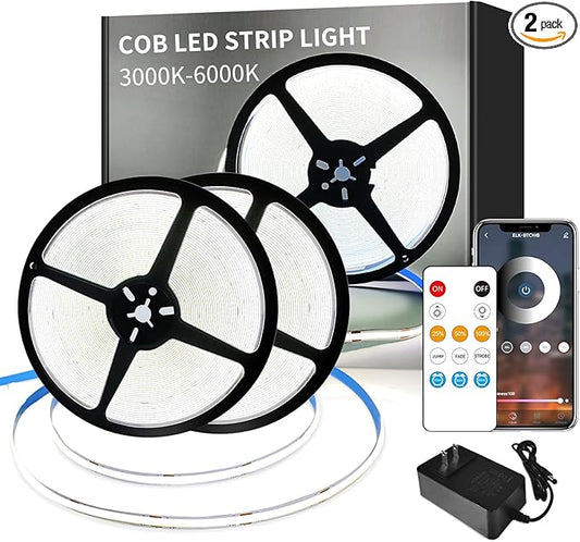 COB LED Strip Lights 100ft,6000K DC 24V Dimmable White Flexible LED Rope Lights for Bedroom,with Remote and app Control LED Lights Strip for Living Room, Shelf, Cabinet(2 Rolls of 50ft)