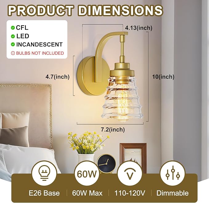 Gold Bathroom Wall Sconce, Brass Sconces Wall Lighting with Clear Glass Shade, Modern Wall Light Fixture for Bedroom Hallway Mirror