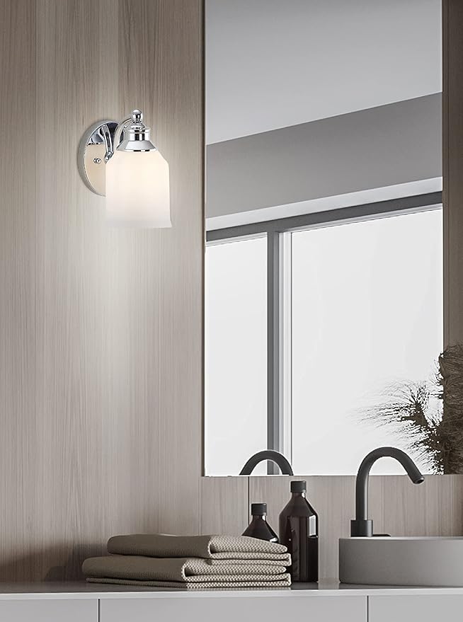JONATHAN Y 7.5" Chrome Modern Farmhouse LED Vanity Light Wall Sconce Fixture, Frosted White Glass Shade, Dimmable Wall Lamp for Bathroom Mirror Kitchen Sink, UL Listed JYL7549A