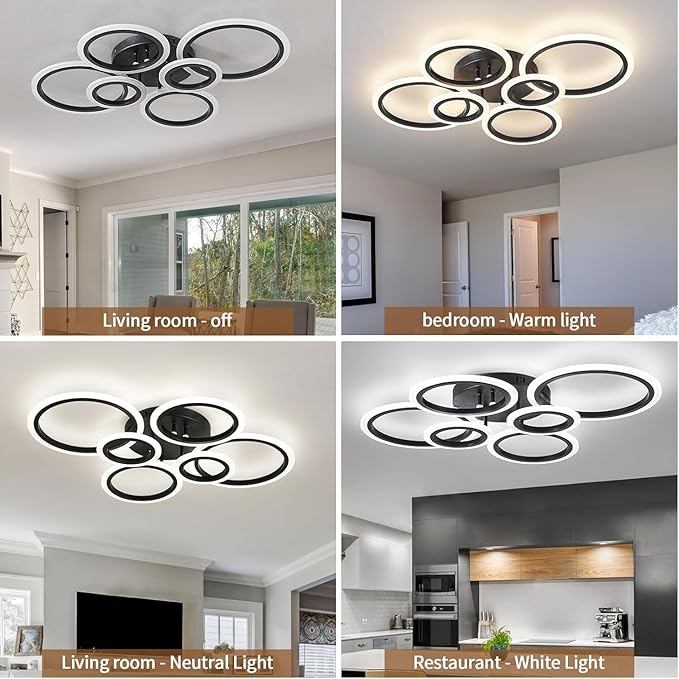 Shine LUEST 6 Rings Black Modern LED Ceiling Light Fixture, Flush Mount Ceiling Light with Remote Dimmable Brightness, Adjustable 3000-6000K Color Temperature, Timer for Living Room, Bedroom