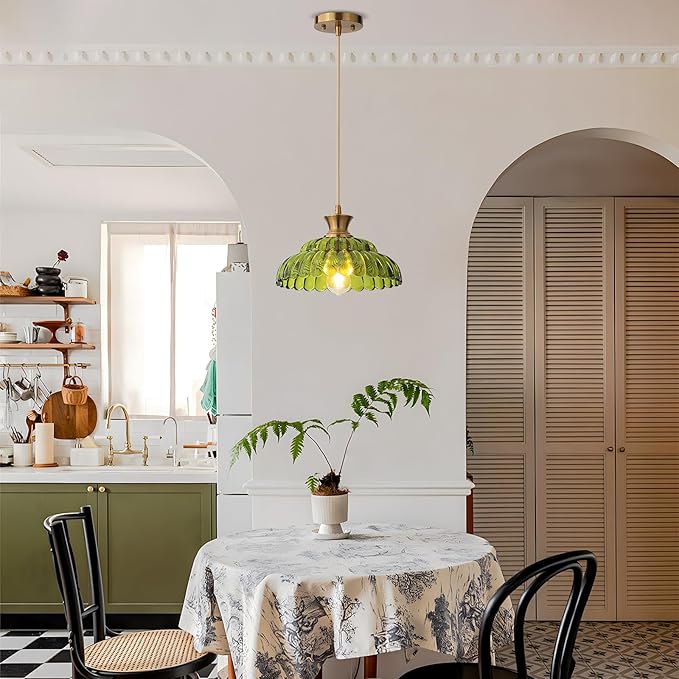 Green Glass Pendant Lights, 11.8" Vintage Lighting Glass Light Fixtures Brushed Gold Modern Hanging Ceiling for Kitchen Island Dining Room Restaurant Foyer Entryway