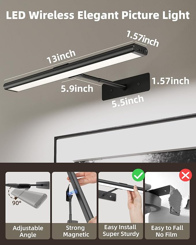 EZVALO Picture Light for Wall, 13'' Black Rechargeable 4800mAh Battery Lights Wireless with IR Remote, Magnetic LED Art Painting Light with 3 Color Temperatures, Display for Gallery, Living Room