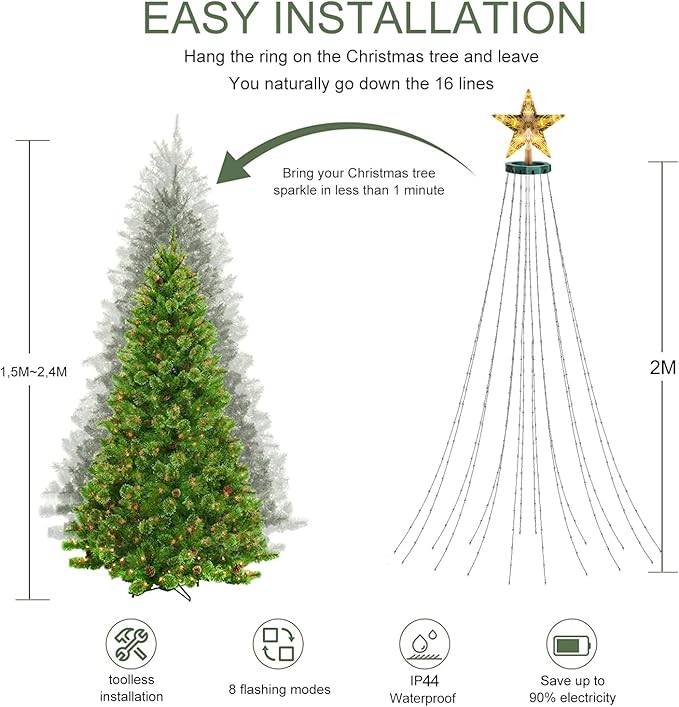 Christmas Tree Lights with Star Topper, 400LED Christmas String Lights with Ring for Tree, 6.6FT x 16 Lines Fairy Lights with 8 Modes Timer Remote for Indoor Outdoor Xmas Tree Decor, Warm White