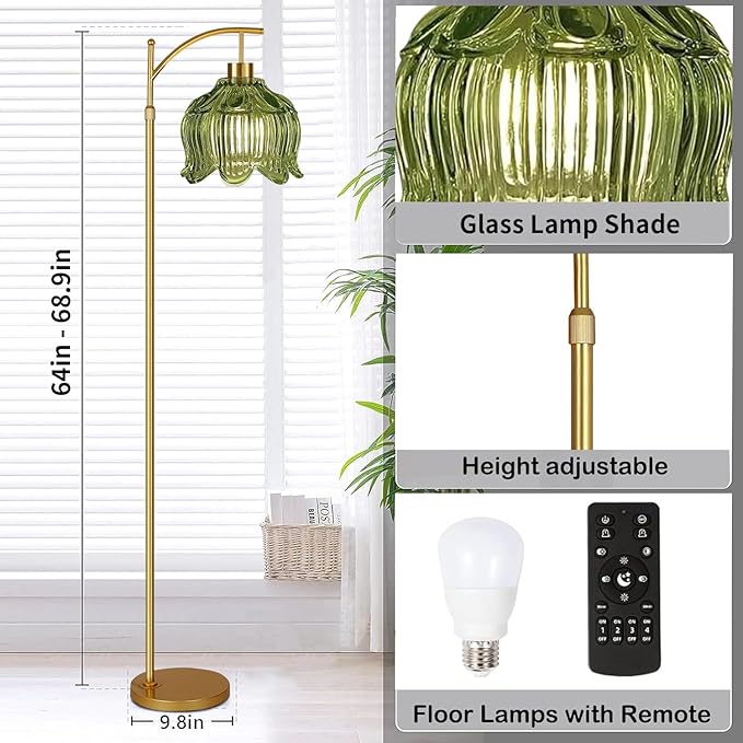 QIYIZM Glass Floor Lamp for Living Room,Bedroom,Gold Dimmable Standing Lamp with Remote,Mid Century Modern Brass Tall Lamp Boho Vintage Floor Lamps Arc Green Tulip Flower Floor Light Lamp Bohemian