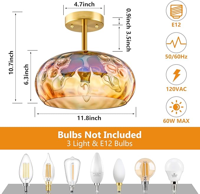 Vintage Ceiling Light Fixture, 12''& 3-Light Amber Indoor Semi Flush Mount Ceiling Light, Brass Rainbow Lampshade for Farmhouse, Bedroom, Kitchen, Living Room, Hallway Bulbs Not Included