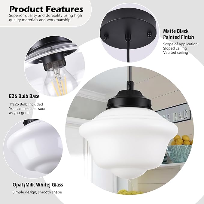 Black Schoolhouse Light Fixture 8" Milk Glass Pendant Light Schoolhouse Pendant Light Milk Glass Light Fixture Mid Century Pendant Light for Bedroom Bathroom Kitchen Hallway (Bulb Incl.)