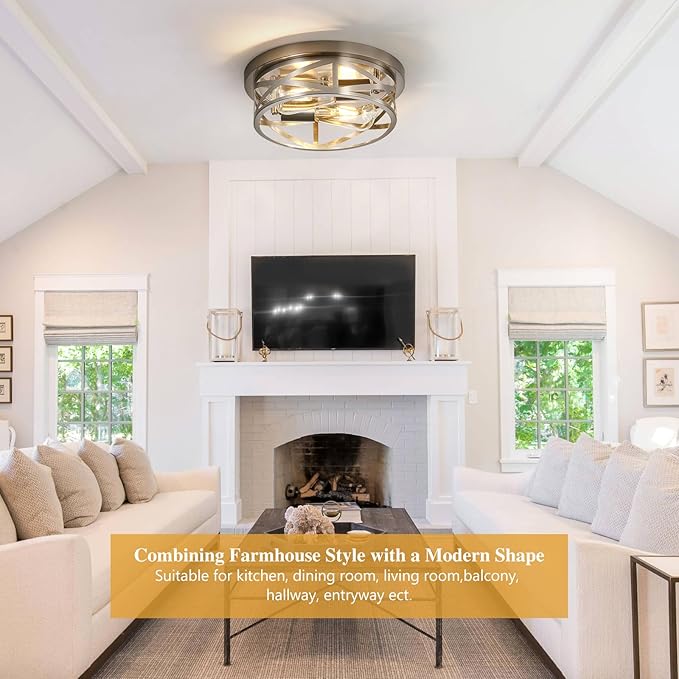Brushed Nickel Flush Mount Ceiling Light Fixture,2-Light Industrial Farmhouse Ceiling Light Fixture，Brushed Nickel Light Fixture Ceiling Mount for Kitchen Bedroom Living Room 2Pack