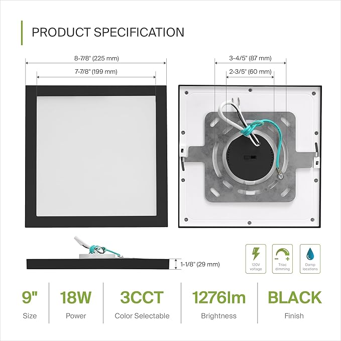 ASD LED 9" Square Flush Mount Light | 18W 1270LM 3000-5000K 120V | 3CCT, Dimmable, Ultra Slim, ETL Listed | Thin Surface Lamp, Bedroom Ceiling Lighting | Black, 12 Pack