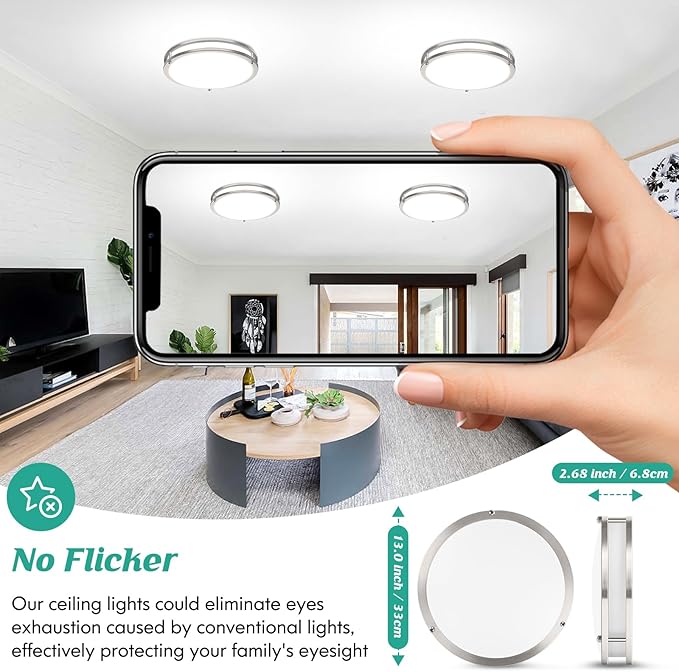 LED Ceiling Light Fixture, 36W 4400Lm Flush Mount Ceiling Lights, Dimmable 5CCT 2700K/3000K/4000K/5000K/6500K, 13 Inch Super Bright Modern Bedroom Lamps for Kitchen Hallway, Brushed Nickle, 1 Pack