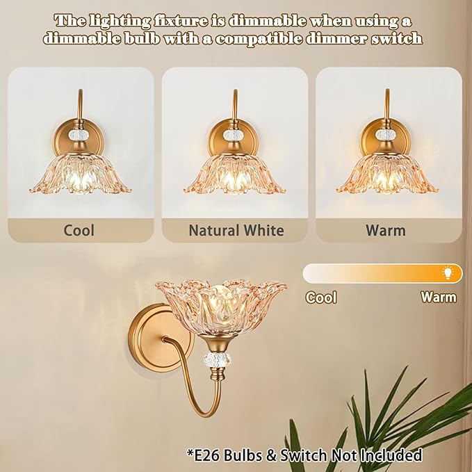 1 Piece Vintage Wall Sconce with Floral Amber Glass Shade, Matte Deep Brass Finish Wall Sconce for Bathroom,Vintage Amber Bathroom Vanity Light Fixture