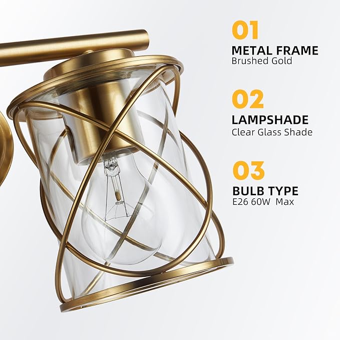 Mavcadonf Modern Vanity Lights with Cage Shade - 3 Lights, Brushed Gold, Over Mirror, for Bathroom & Kitchen