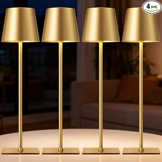 Gold Cordless Rechargeable Table Lamp, 4 Pack Portable Desk Lamp with 5000mAh Battery, Touch Control Stepless Dimming, Wireless Night Light for Dining, Outdoor Camping, Coffee Shop, Waterproof Design