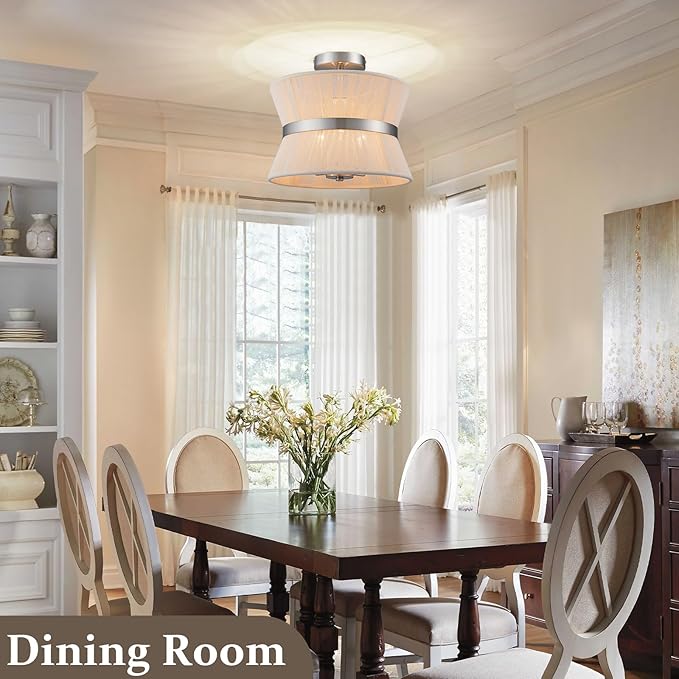 Brushed Nickel Semi Flush Mount Ceiling Light Fixture 12.6” Modern Drum Bedroom Ceiling Lighting 3-Light Beige Close to Ceiling Lamp for Kitchen Living Dining Room Hallway Bathroom Entryway Foyer