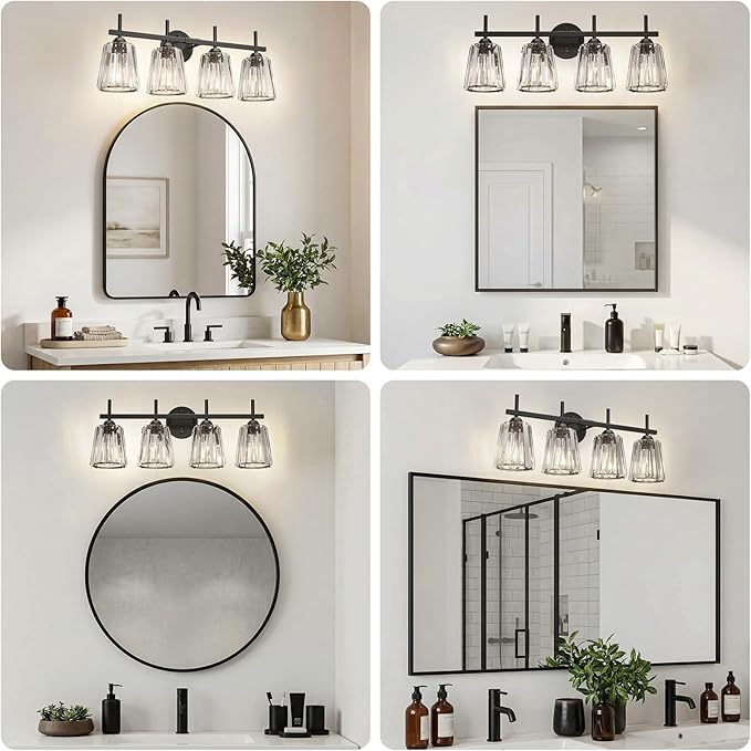 Crystal Bathroom Light Fixtures Over Mirror, Black 4-Light Bathroom Vanity Lights Over Mirror Modern Wall Lighting Sconces with Ceramic E26 Base (Bulbs Not Include)
