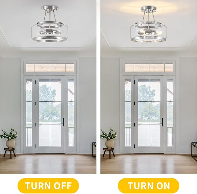 Brushed Nickel Modern Ceiling Lights 3-Light Hallway Light Fixtures Semi Flush Mount Kitchen Ceiling Lighting Drum Glass Entryway Chandelier for Bathroom Foyer Laundry Dining Room Bedroom