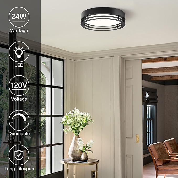 Black Flush Mount Ceiling Light, Modern Dimmable LED Light Fixture, Minimalist Metal Ceiling Lamp for Bedroom Kitchen Laundry Room Hallway Entry 2700 K - 6000 K 5CCT 11.8 Inch