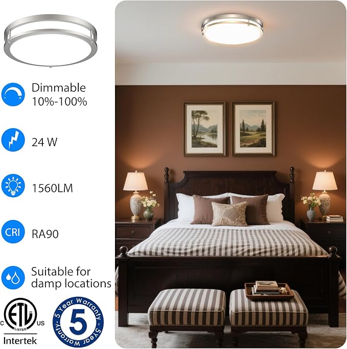 Energetic 14 Inch LED Flush Mount Ceiling Light Fixture, 3000K/4000K/5000K Color Adjustbale, Dimmable Ceiling Light for Bedroom, Kitchen, Bathroom, Study, 24W, 1560LM, Nickel, ETL Listed, 1 Pack