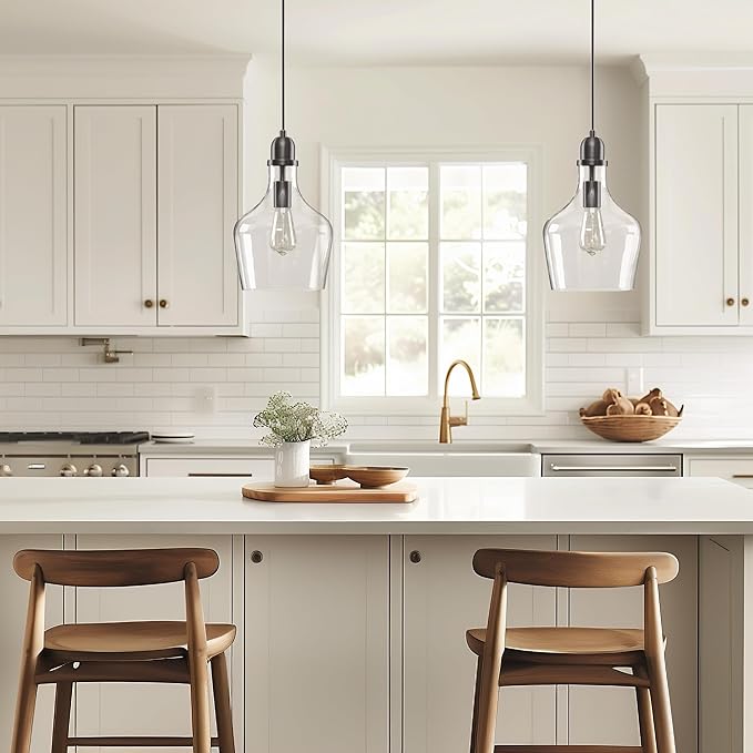 INK+IVY Auburn Pendant Kitchen Lighting for Dining Room, Industrial Lights, Hand-blown Glass Bell Shaped Pendant Light for Kitchen Island, Foyer, Bedroom, 9" Dia x 95.5" H, Bronze/Clear