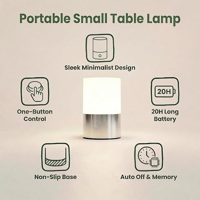 Small Table Lamp - Rechargeable, Portable, Up to 20-Hour Battery Life, 10 Brightness Levels, Auto-Off Timer, Waterproof, Warm Light for Bedside, Travel, Camping & Décor-Nickel Finish