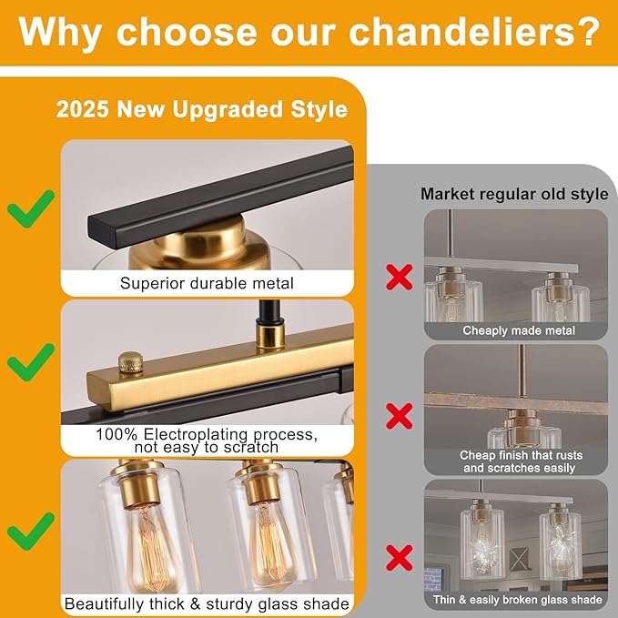 34" Dining Room Light Fixture/Chandelier Over Table, 5-Light Black and Gold Kitchen Island Lighting with Clear Glass Shade, Modern Hanging Pendant Lights Fixture for Kitchen Island Dining Room