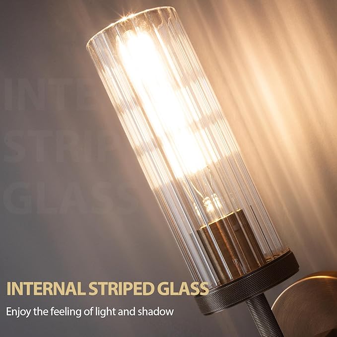 15" Knurled Brass Wall Sconce with Vertical Striped Glass Tube, Bronze Bathroom Vanity Light Fixtures, Modern Lamp Lighting for Bedroom, Living Room, Hallway, Staircase, Mirror, Kitchen