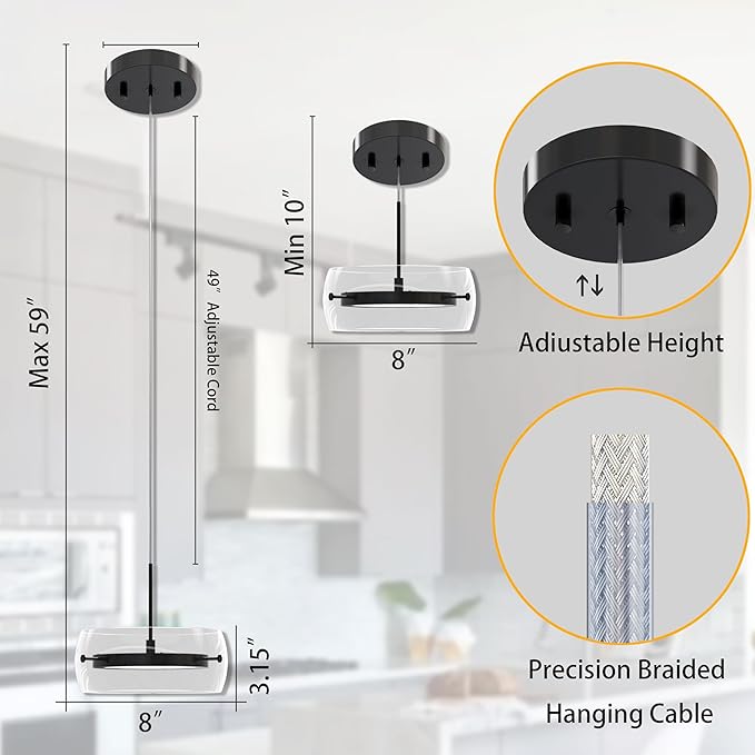 2-Pack Modern Pendant Lights Kitchen Island, Dual-Sided LED 3-CCT Dimmable Glass Hanging Lighting Fixture, Adjustable Cable for Dining Room, Bar, Over Table, Sloped Ceiling Matte Black