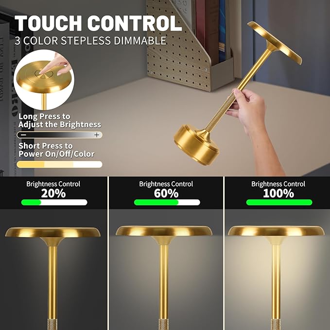 HAPYGI 5200mAh Rechargeable Cordless LED Table Lamps Touch Sensor Light, 3-Levels Portable Dimming Wireless Battery Operated Lamp,Night Light/Restaurant Table/Outdoor/Coffee/Bar (Gold Set of 2)