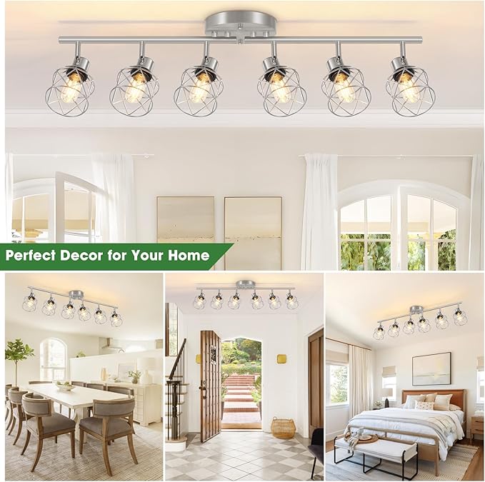 6-Light Brushed Nickel Multi-Directional Semi Flush Mount Ceiling Light, Kitchen Light Fixtures Ceiling Mount, Modern Metal Cage Close to Ceiling Lamp for Dining Room Hallway Entryway