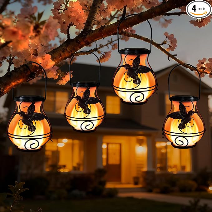 4 Pack Solar Lanterns Outdoor Waterproof Flickering Flame Lights Hummingbird Metal Hanging Solar Lantern Patio Porch Garden Decoration
