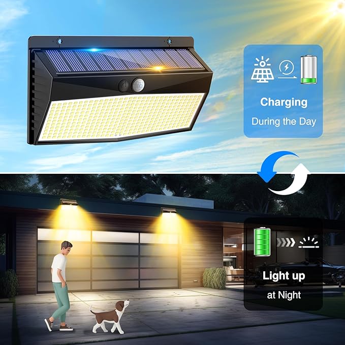 368 LED Solar Motion Sensor Lights Outdoor, Solar Fence Lights with 3 Lighting Modes, Solar Powered Security Lights Waterproof for Outside Yard Wall Garden Backyard Step, Warm White