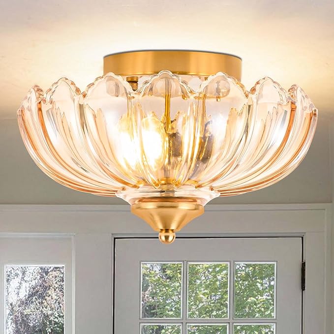 Vintage Ceiling Light,Semi Flush Mount Ceiling Light 9.8 Inch Hallway Vintage Lights Fixture Ceiling E26 Small Amber Glass Ceiling Lighting for Living Room, Bedroom, Dining Room