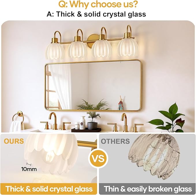 4-Light Bathroom Light Fixtures, 27" Brushed Gold Vanity Lights for Bathroom with Ribbed Frosted Clear Tulip Glass Shade, Vintage Bathroom Vanity Lighting Fixtures Over Mirror for Living Room Hallway