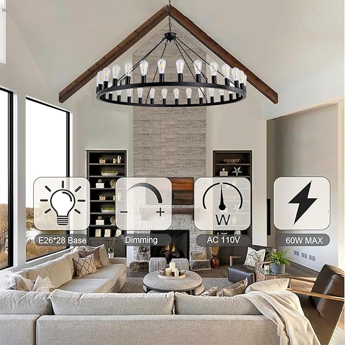 Wagon Wheel Chandelier Farmhouse 53" 30-Light Large Black Farmhouse Round Wheel Chandelier Light fixtures Outdoor Wagon Wheel Chandeliers for Porch high Ceilings Dining Room Living Room