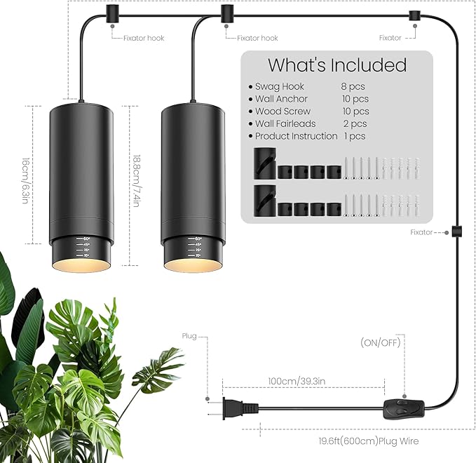 Zoomable Remote Pendant Grow Lights with Auto On/Off Timer, 2X 30W Full Spectrum LED Plant Light 2700K-6000K Dimmable Plug in Hanging Lights for Indoor Plants 20FT Power Cord, Black 2PCS