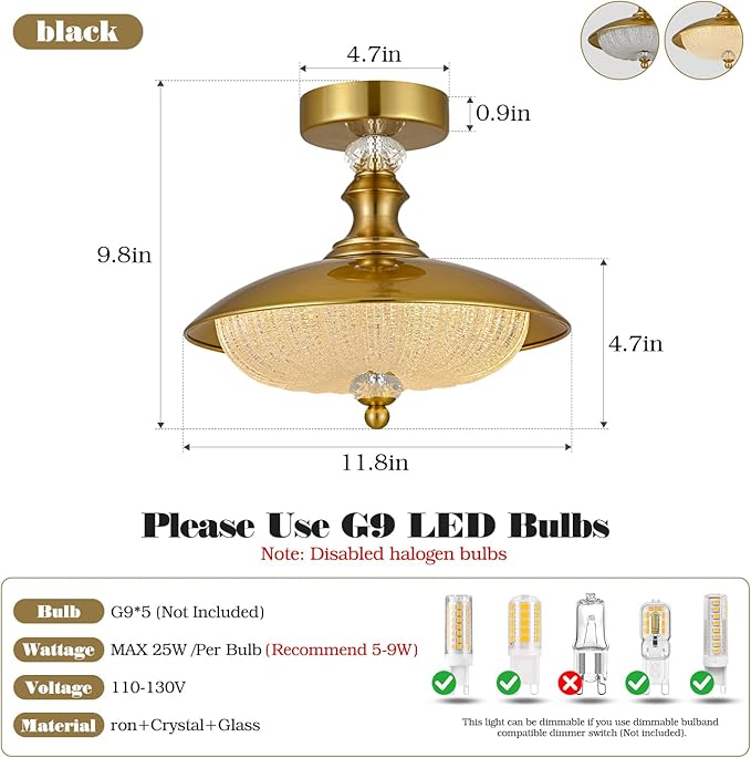 Vintage Semi Flush Mount Ceiling Light, Gold 12 Inch K9 Crystal Glass Shade, Brushed Copper Finish, 5-Light Flush Mount Lamp Mid Century Industrial for Bedroom Foyer Hallway Dining Kitchen Entryway