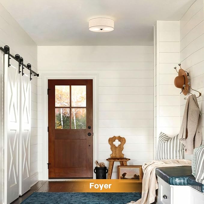 Flush Mount Ceiling Light Fixture, 13" Close to Ceiling Light with Beige Fabric Linen Drum Shade, 2-Light Modern Round Ceiling Light for Bedroom Hallway Dining Kitchen