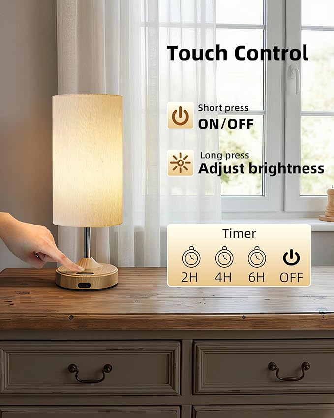 Rechargeable Table Lamp, 2-Pack, Ambient Light, Dimmable, 2700K, Timer, Touch Control, Portable, LED, Wireless, Cordless e, Battery Operated, Desk Lamp, Kitchen Lamp, Fabric Shade, Wood-Grain Finish