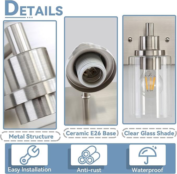 LOUSACE 6 Light Bathroom Vanity Light Brushed Nickel, Bathroom Lighting Fixtures with Clear Glass Shades Over Vanity Mirror, Modern Wall Sconces Fixtures for Bedroom Living Room, E26 Socket