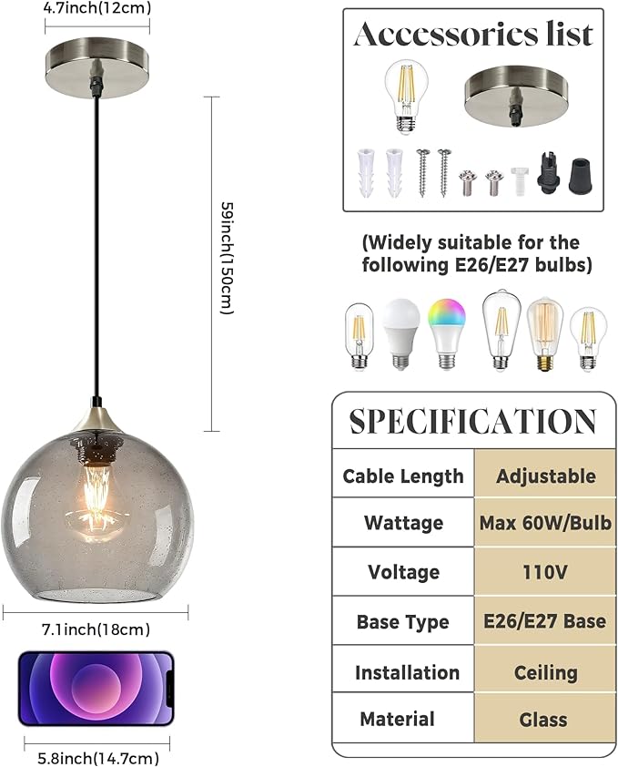 7.1in Medium Light Gray Glass Pendant Light for Kitchen Island, 2-Pack with Extra LED Bulbs & 4.92ft Adjustable Cord | Modern Minimalist Lighting for Dining Room, Living Room, Entryway