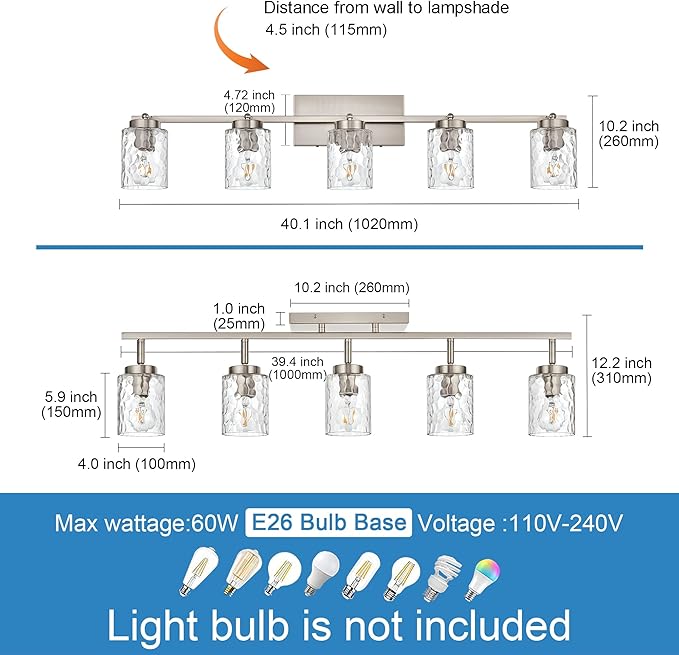 5-Light Industrial Bathroom Vanity Lights, Brushed Nickel Track Lighting Wall Mount or Ceiling Rotatable Track Head Metal Vanity Lighting Fixtures for Bathroom Hallway, Clear Hammered Shade