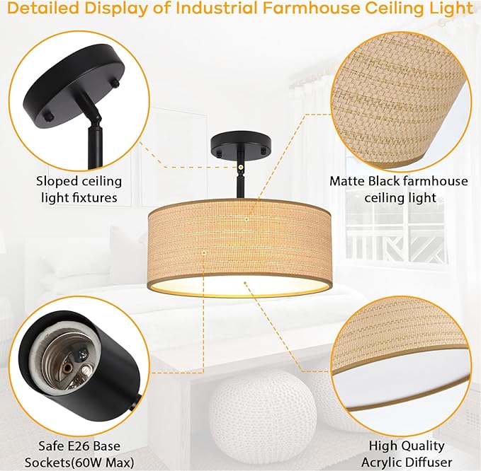 Rattan Sloped Ceiling Light Fixture, 13" Woven Boho Semi Flush Mount Lights with Drum Fabric Shade, Lighting for Bedroom, Dining Room, Living Room, Hallway, Entryway