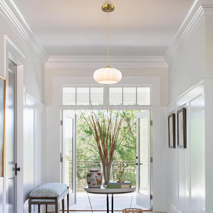 9.84" Mid-Century Modern Pendant Lights Kitchen Island,1-Light Brushed Gold Kitchen Light Fixtures with Opal Milky White Glass Shade,Dimmable Mini Hanging Light fixture for Bedroom,Hallway,Entryway