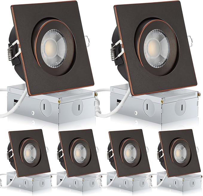 KnLnny Ware Oil Rubbed Bronze Gimbal Recessed Lighting 4 inch 6 Pack,Suare Canless Recessed Lights with Junction Box,dimmable, 5CCT Selectable,9W 750LM
