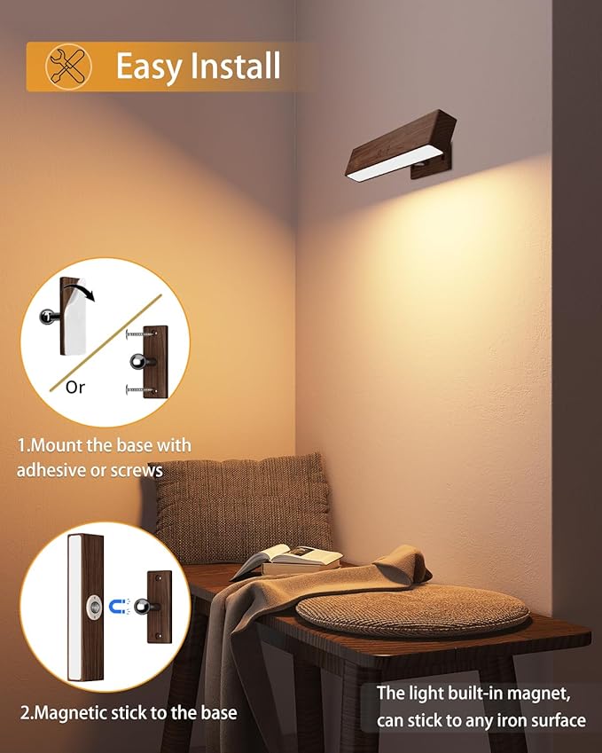 Rechargeable Wood Wall Sconce with Remote & Touch, 5200mAh Battery Operated Wall Lights 3 Color Temperatures & RGB. Magnetic, Stick-On, Dimmable Wall Reading Lamp for Bedroom, Living Room, Picture