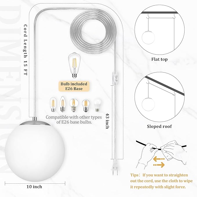 KoKo&Yukina 10" Globe Pendant Light Nickel Plug in Pendant Light Adjustable Hanging Lights with Plug in Cord Nickel Finished with Milk Glass Lampshade for Bedroom Kitchen Island (Bulb Included)